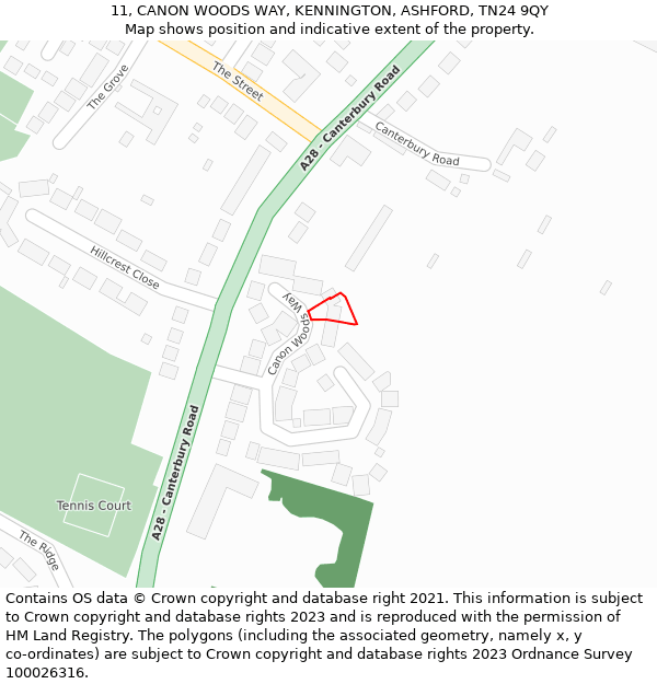 11, CANON WOODS WAY, KENNINGTON, ASHFORD, TN24 9QY: Location map and indicative extent of plot