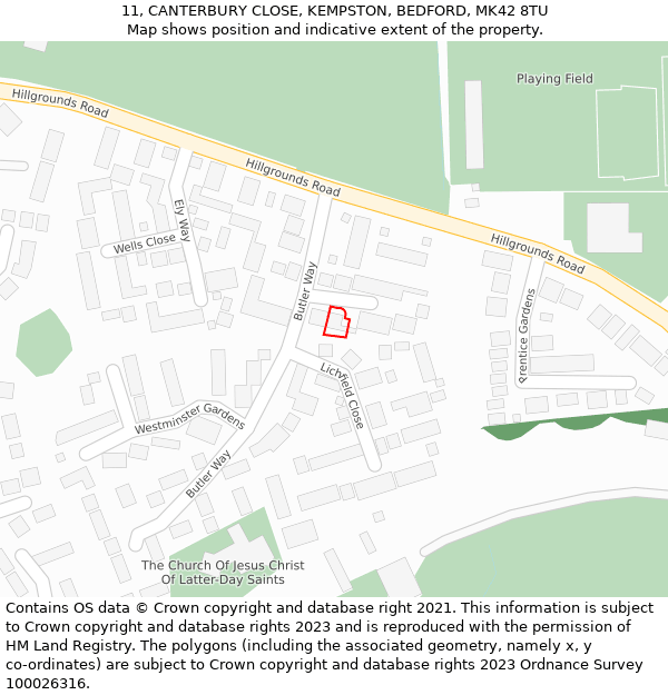 11, CANTERBURY CLOSE, KEMPSTON, BEDFORD, MK42 8TU: Location map and indicative extent of plot