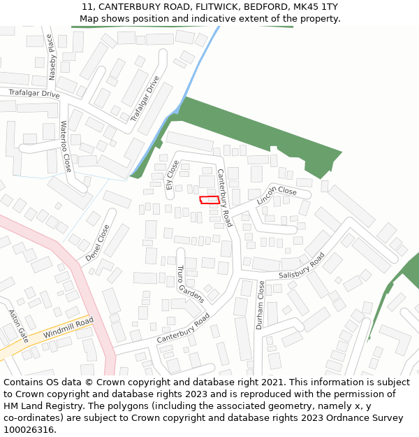 11, CANTERBURY ROAD, FLITWICK, BEDFORD, MK45 1TY: Location map and indicative extent of plot