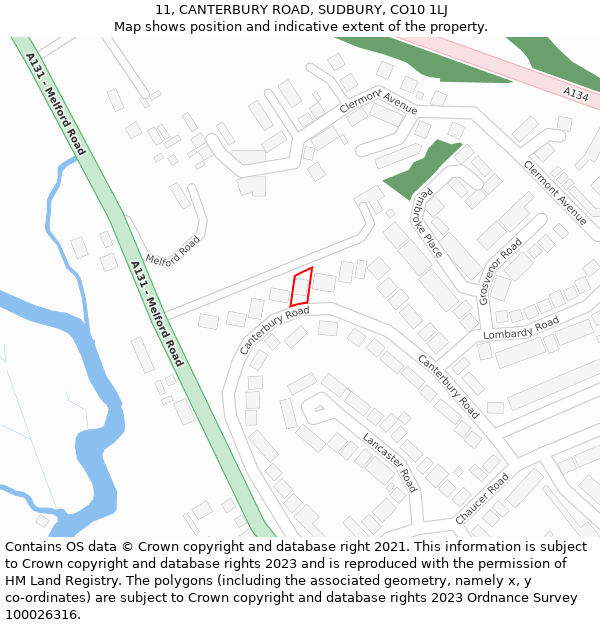 11, CANTERBURY ROAD, SUDBURY, CO10 1LJ: Location map and indicative extent of plot