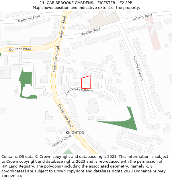 11, CARISBROOKE GARDENS, LEICESTER, LE2 3PR: Location map and indicative extent of plot