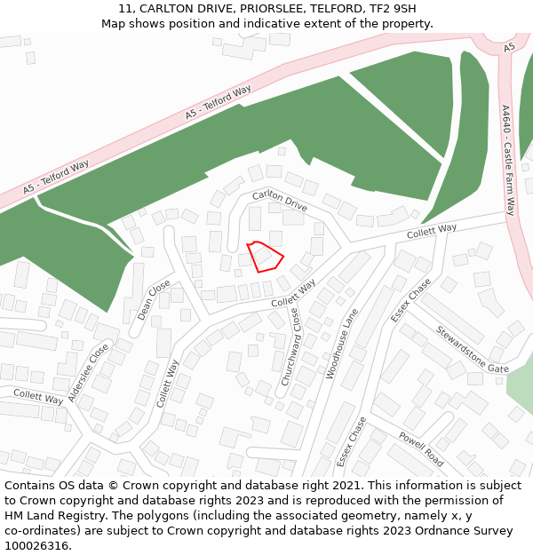 11, CARLTON DRIVE, PRIORSLEE, TELFORD, TF2 9SH: Location map and indicative extent of plot