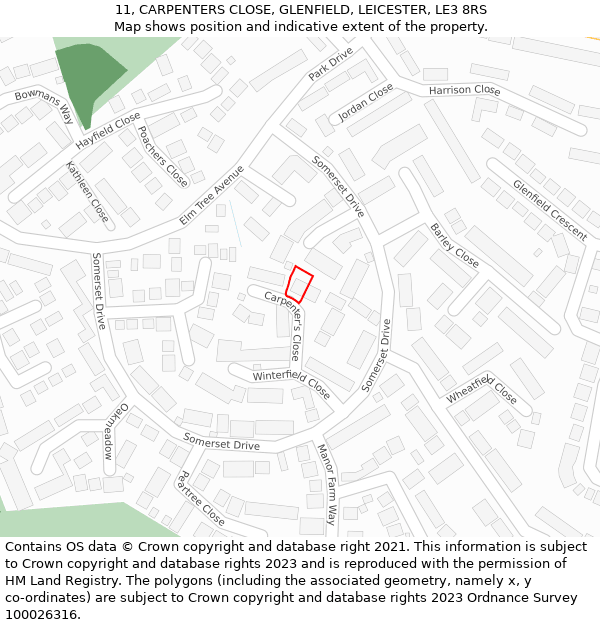 11, CARPENTERS CLOSE, GLENFIELD, LEICESTER, LE3 8RS: Location map and indicative extent of plot