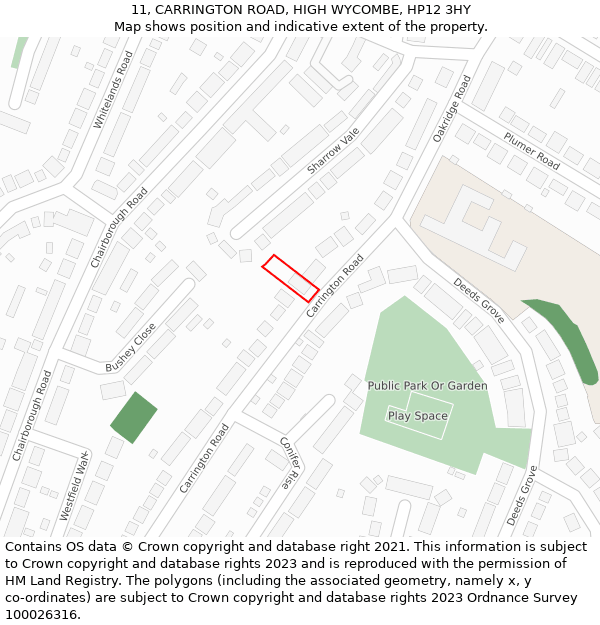 11, CARRINGTON ROAD, HIGH WYCOMBE, HP12 3HY: Location map and indicative extent of plot