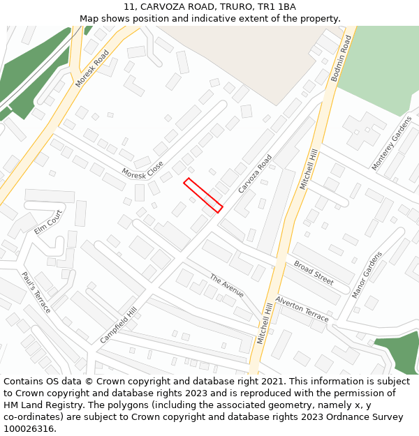 11, CARVOZA ROAD, TRURO, TR1 1BA: Location map and indicative extent of plot