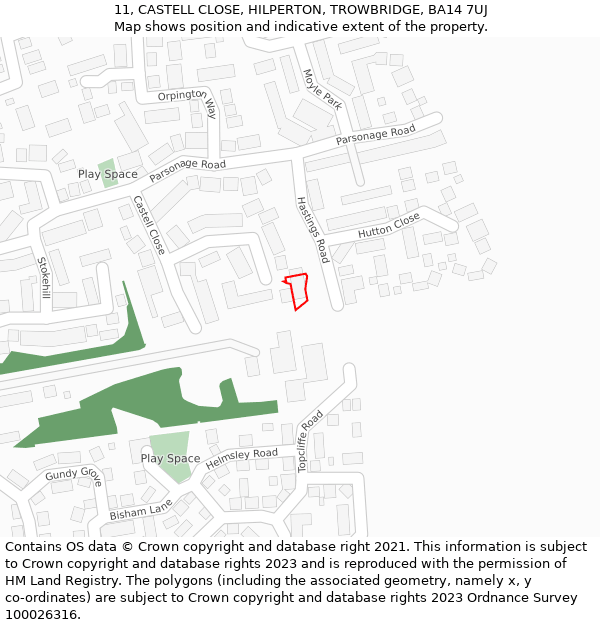 11, CASTELL CLOSE, HILPERTON, TROWBRIDGE, BA14 7UJ: Location map and indicative extent of plot