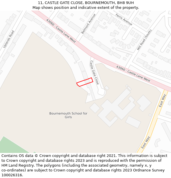 11, CASTLE GATE CLOSE, BOURNEMOUTH, BH8 9UH: Location map and indicative extent of plot