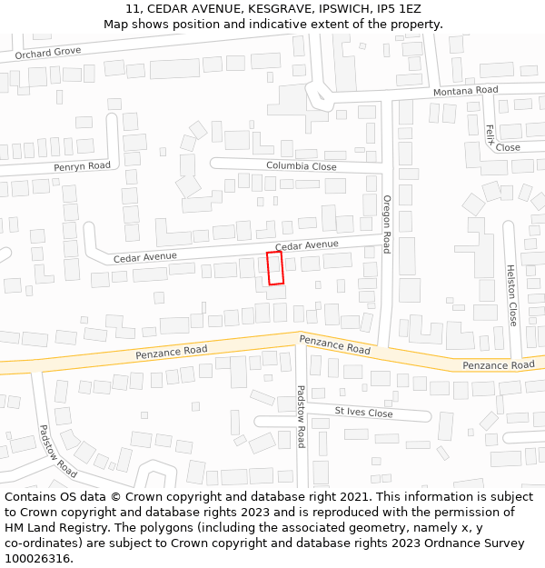 11, CEDAR AVENUE, KESGRAVE, IPSWICH, IP5 1EZ: Location map and indicative extent of plot