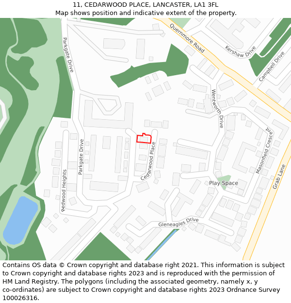 11, CEDARWOOD PLACE, LANCASTER, LA1 3FL: Location map and indicative extent of plot