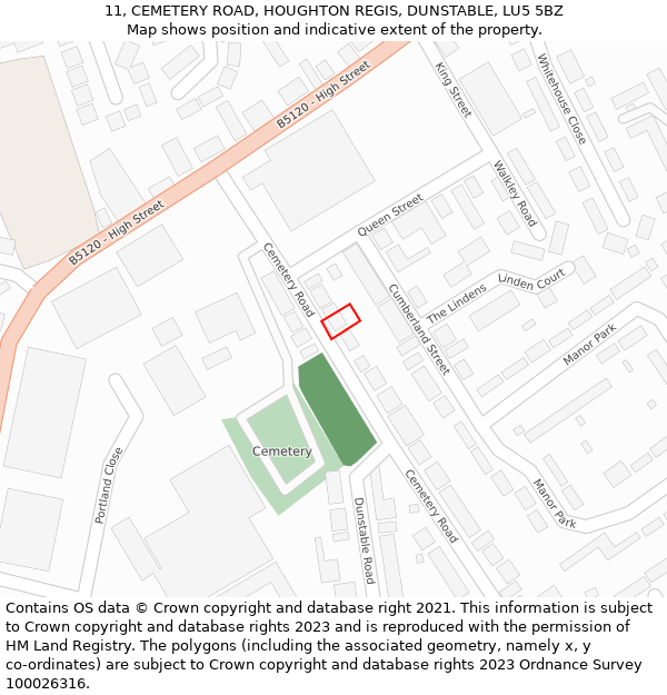 11, CEMETERY ROAD, HOUGHTON REGIS, DUNSTABLE, LU5 5BZ: Location map and indicative extent of plot