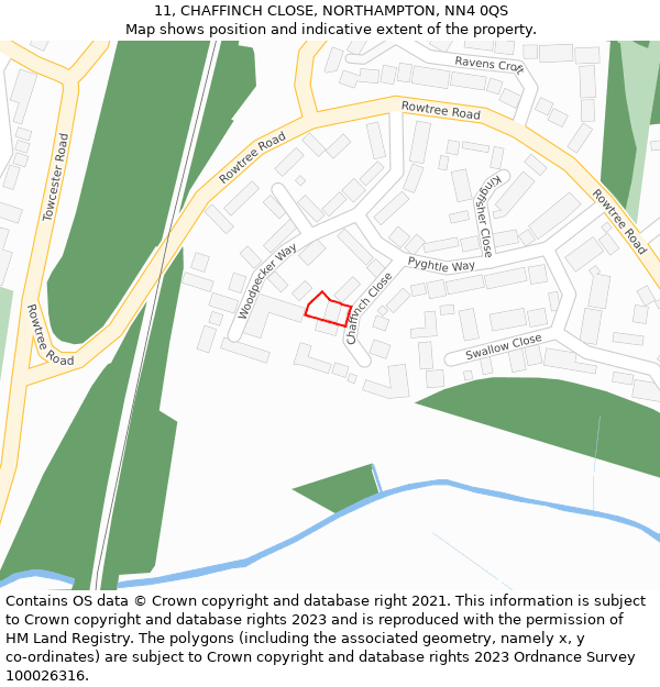 11, CHAFFINCH CLOSE, NORTHAMPTON, NN4 0QS: Location map and indicative extent of plot