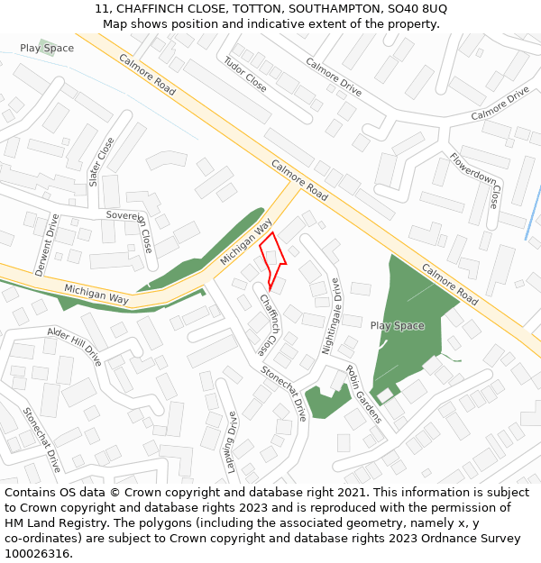 11, CHAFFINCH CLOSE, TOTTON, SOUTHAMPTON, SO40 8UQ: Location map and indicative extent of plot