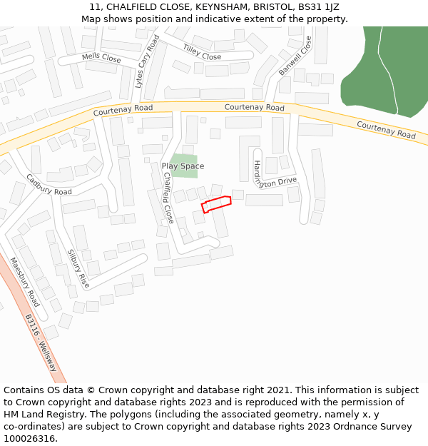 11, CHALFIELD CLOSE, KEYNSHAM, BRISTOL, BS31 1JZ: Location map and indicative extent of plot