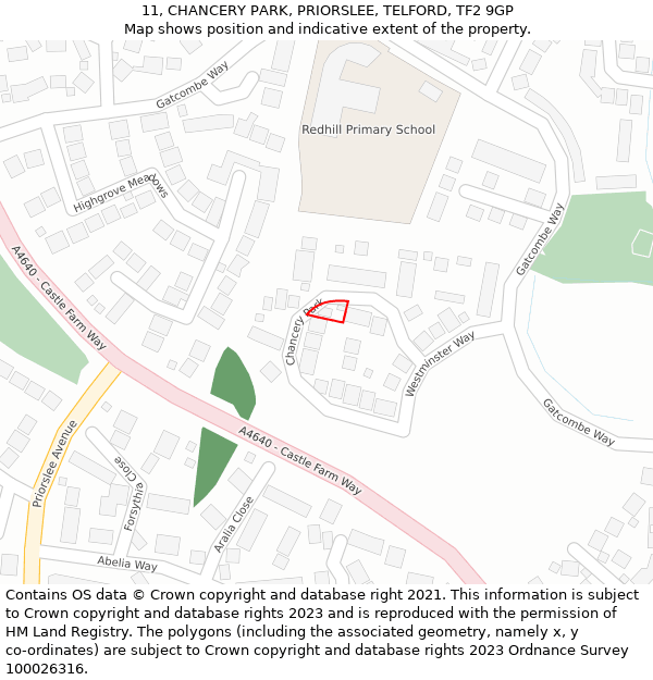 11, CHANCERY PARK, PRIORSLEE, TELFORD, TF2 9GP: Location map and indicative extent of plot
