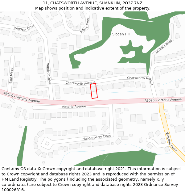 11, CHATSWORTH AVENUE, SHANKLIN, PO37 7NZ: Location map and indicative extent of plot