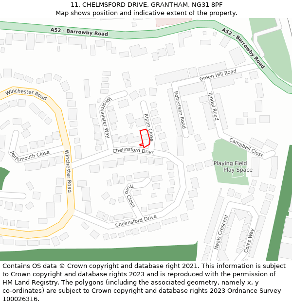 11, CHELMSFORD DRIVE, GRANTHAM, NG31 8PF: Location map and indicative extent of plot