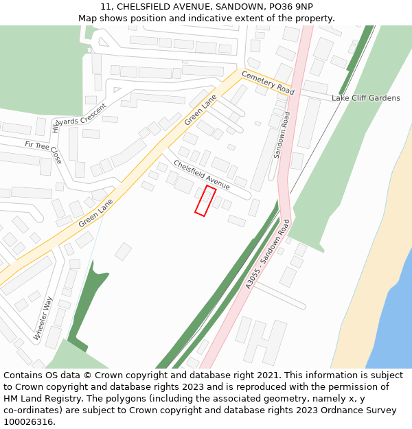 11, CHELSFIELD AVENUE, SANDOWN, PO36 9NP: Location map and indicative extent of plot