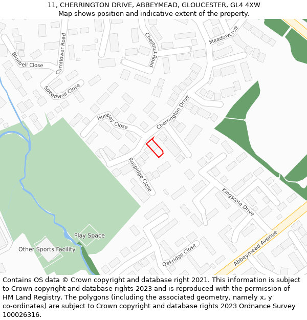 11, CHERRINGTON DRIVE, ABBEYMEAD, GLOUCESTER, GL4 4XW: Location map and indicative extent of plot