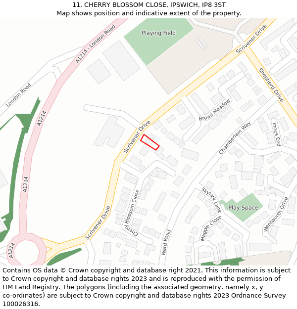 11, CHERRY BLOSSOM CLOSE, IPSWICH, IP8 3ST: Location map and indicative extent of plot