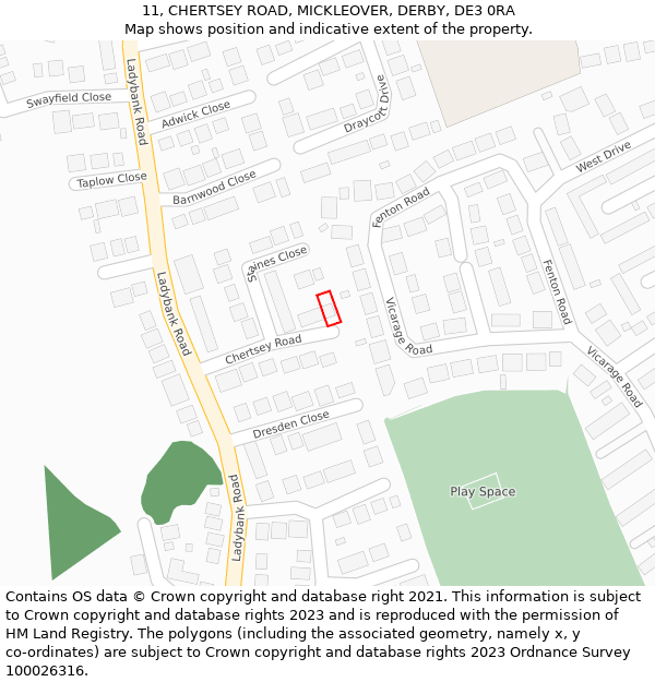 11, CHERTSEY ROAD, MICKLEOVER, DERBY, DE3 0RA: Location map and indicative extent of plot