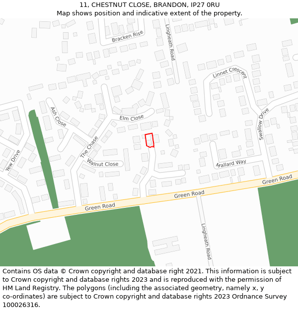 11, CHESTNUT CLOSE, BRANDON, IP27 0RU: Location map and indicative extent of plot