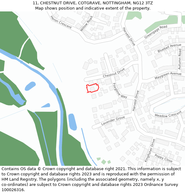 11, CHESTNUT DRIVE, COTGRAVE, NOTTINGHAM, NG12 3TZ: Location map and indicative extent of plot