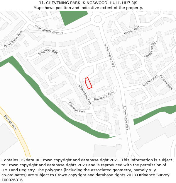 11, CHEVENING PARK, KINGSWOOD, HULL, HU7 3JS: Location map and indicative extent of plot