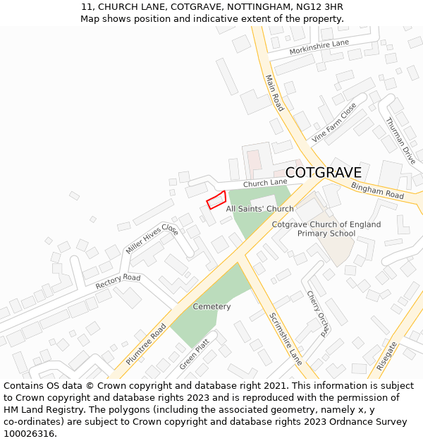 11, CHURCH LANE, COTGRAVE, NOTTINGHAM, NG12 3HR: Location map and indicative extent of plot