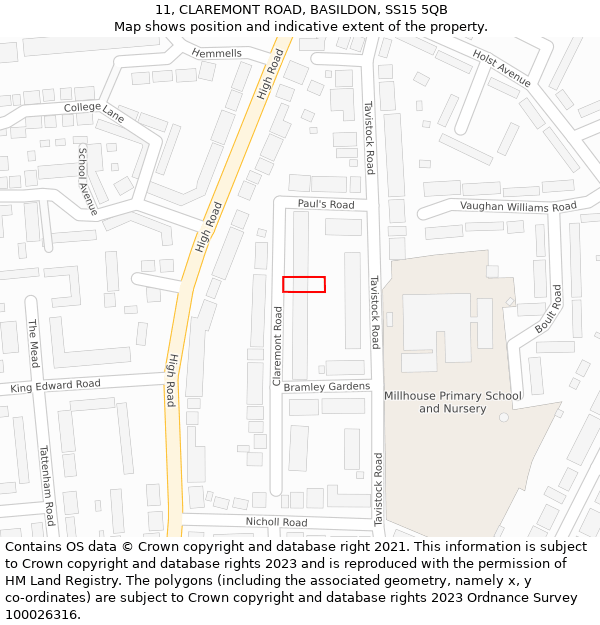 11, CLAREMONT ROAD, BASILDON, SS15 5QB: Location map and indicative extent of plot