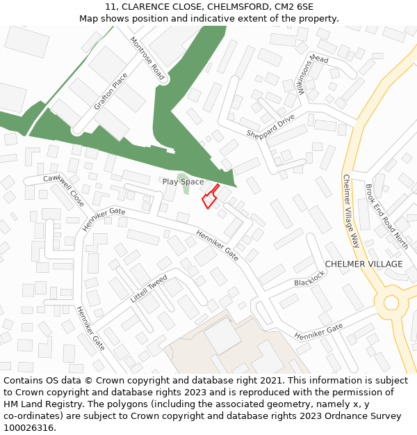 11, CLARENCE CLOSE, CHELMSFORD, CM2 6SE: Location map and indicative extent of plot