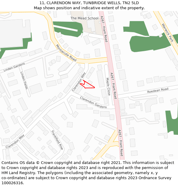 11, CLARENDON WAY, TUNBRIDGE WELLS, TN2 5LD: Location map and indicative extent of plot