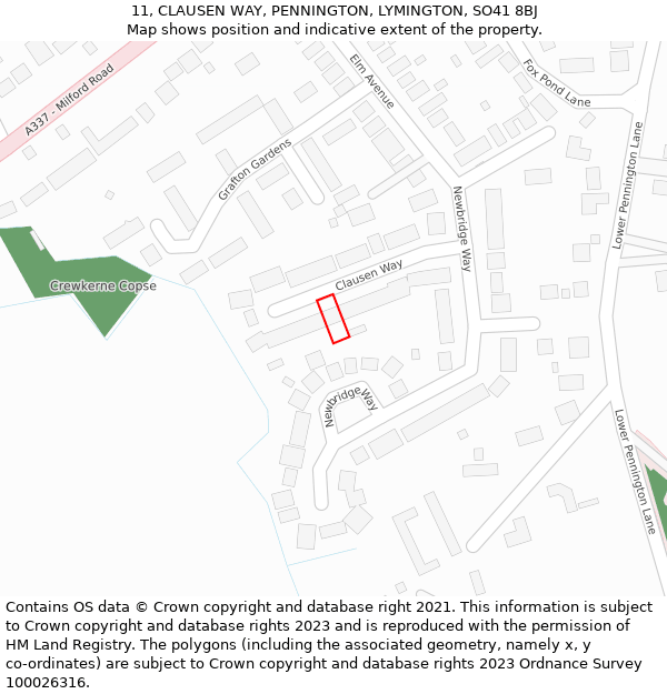 11, CLAUSEN WAY, PENNINGTON, LYMINGTON, SO41 8BJ: Location map and indicative extent of plot