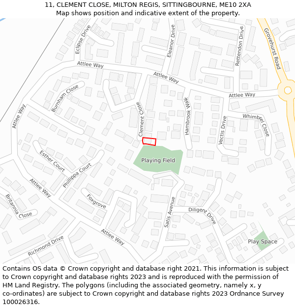 11, CLEMENT CLOSE, MILTON REGIS, SITTINGBOURNE, ME10 2XA: Location map and indicative extent of plot