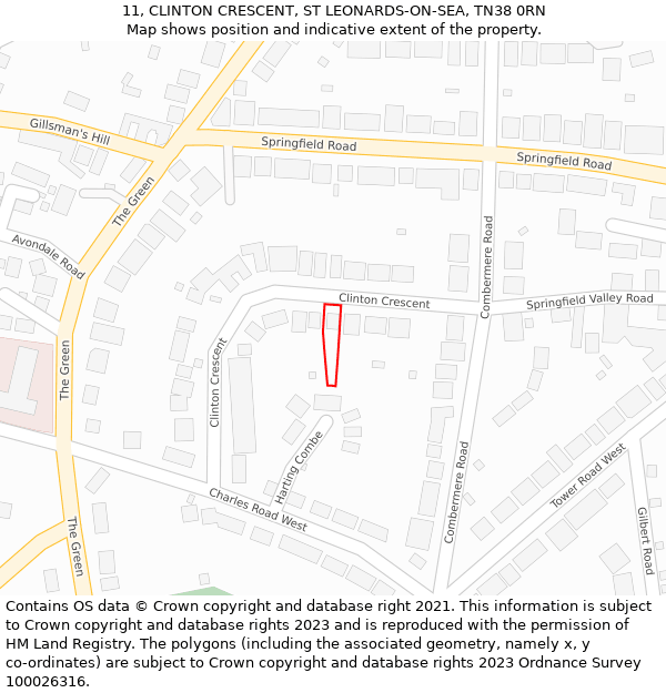 11, CLINTON CRESCENT, ST LEONARDS-ON-SEA, TN38 0RN: Location map and indicative extent of plot