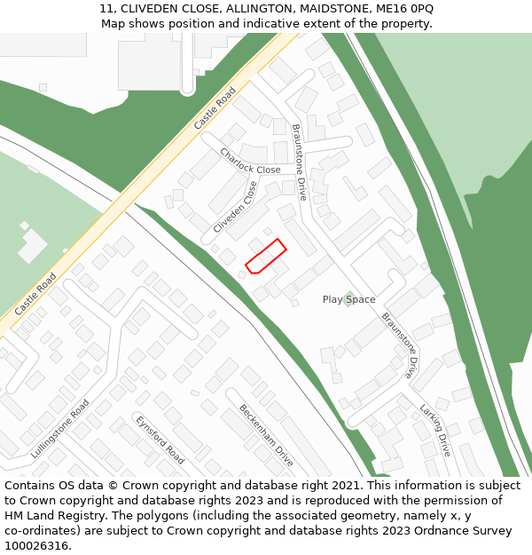 11, CLIVEDEN CLOSE, ALLINGTON, MAIDSTONE, ME16 0PQ: Location map and indicative extent of plot