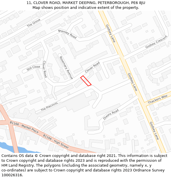 11, CLOVER ROAD, MARKET DEEPING, PETERBOROUGH, PE6 8JU: Location map and indicative extent of plot