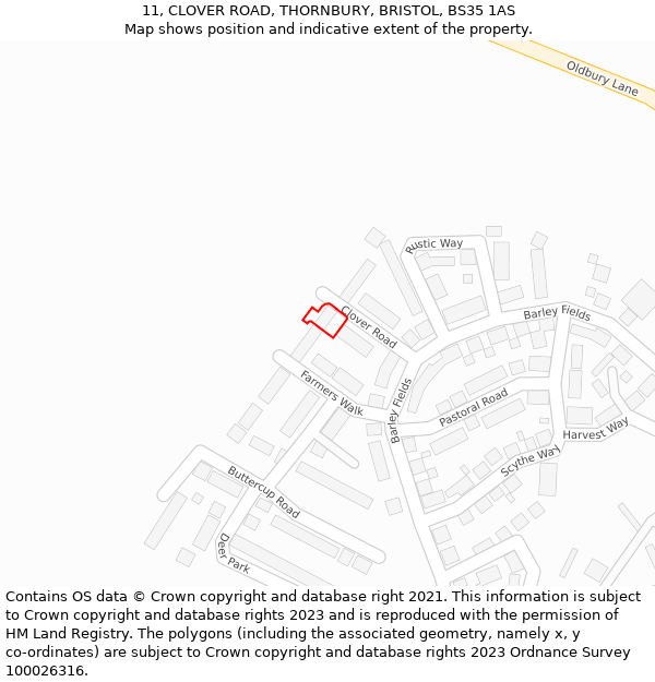 11, CLOVER ROAD, THORNBURY, BRISTOL, BS35 1AS: Location map and indicative extent of plot