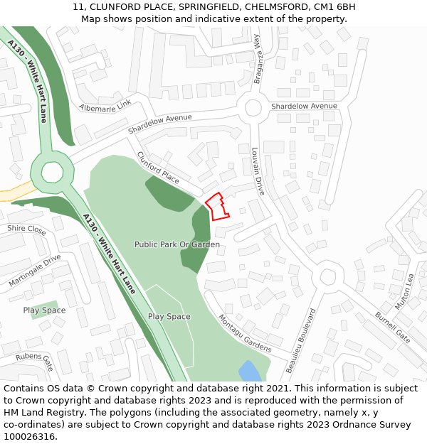 11, CLUNFORD PLACE, SPRINGFIELD, CHELMSFORD, CM1 6BH: Location map and indicative extent of plot