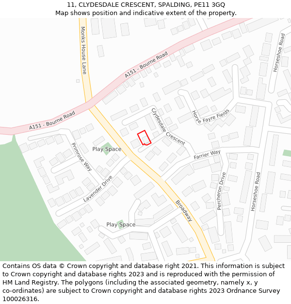 11, CLYDESDALE CRESCENT, SPALDING, PE11 3GQ: Location map and indicative extent of plot