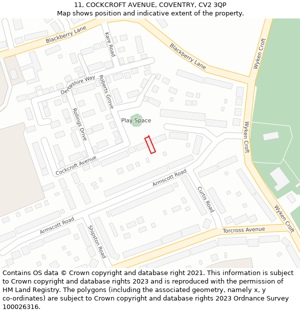 11, COCKCROFT AVENUE, COVENTRY, CV2 3QP: Location map and indicative extent of plot