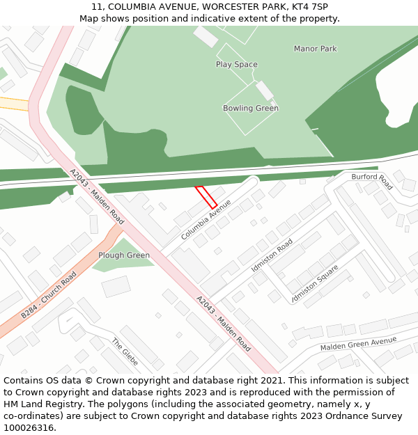 11, COLUMBIA AVENUE, WORCESTER PARK, KT4 7SP: Location map and indicative extent of plot