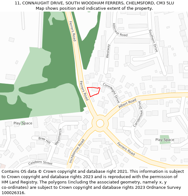 11, CONNAUGHT DRIVE, SOUTH WOODHAM FERRERS, CHELMSFORD, CM3 5LU: Location map and indicative extent of plot