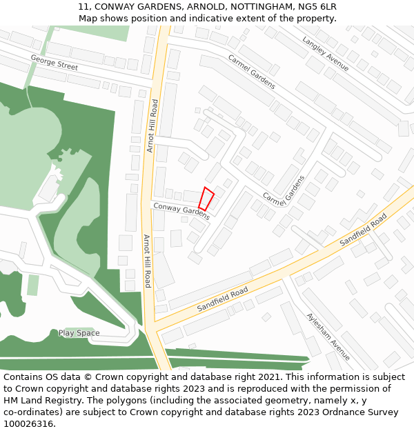 11, CONWAY GARDENS, ARNOLD, NOTTINGHAM, NG5 6LR: Location map and indicative extent of plot