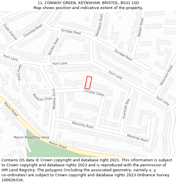 11, CONWAY GREEN, KEYNSHAM, BRISTOL, BS31 1SD: Location map and indicative extent of plot