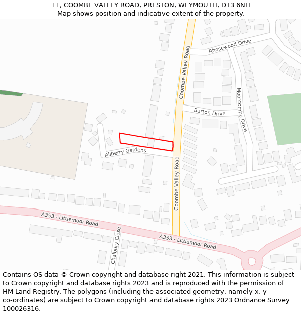 11, COOMBE VALLEY ROAD, PRESTON, WEYMOUTH, DT3 6NH: Location map and indicative extent of plot