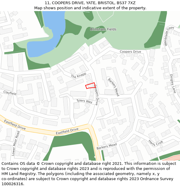 11, COOPERS DRIVE, YATE, BRISTOL, BS37 7XZ: Location map and indicative extent of plot