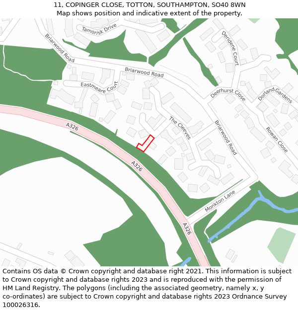 11, COPINGER CLOSE, TOTTON, SOUTHAMPTON, SO40 8WN: Location map and indicative extent of plot