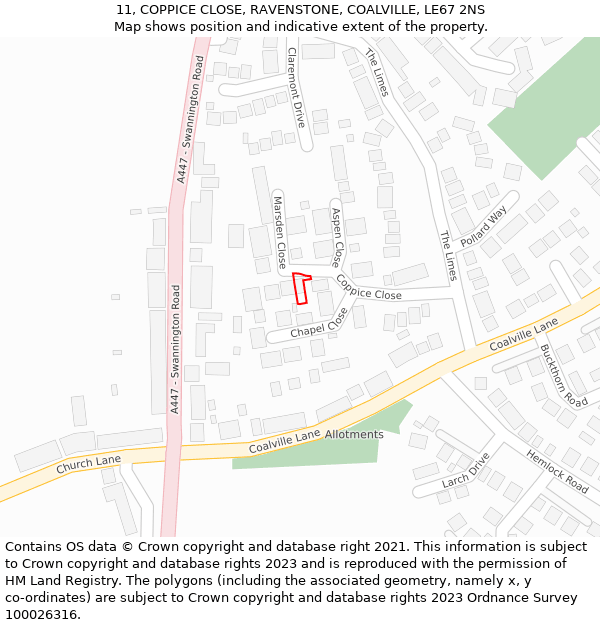 11, COPPICE CLOSE, RAVENSTONE, COALVILLE, LE67 2NS: Location map and indicative extent of plot