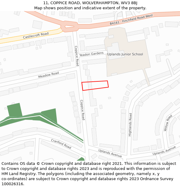 11, COPPICE ROAD, WOLVERHAMPTON, WV3 8BJ: Location map and indicative extent of plot
