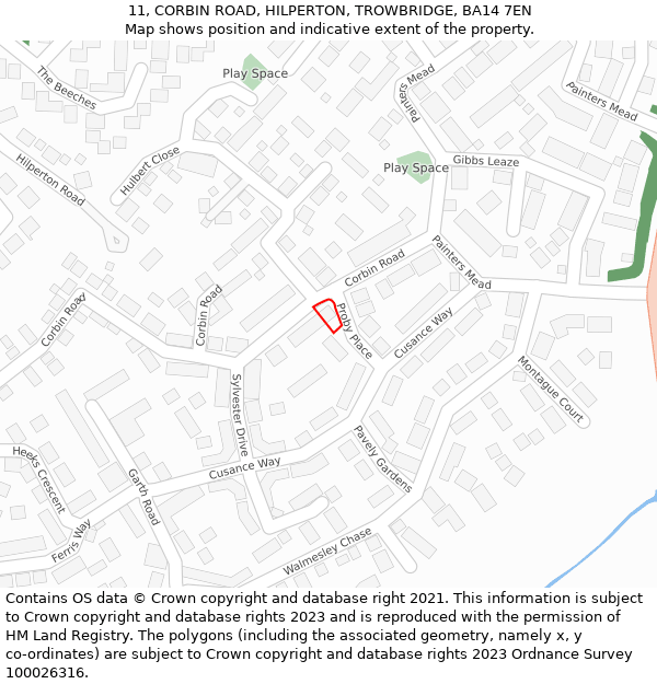 11, CORBIN ROAD, HILPERTON, TROWBRIDGE, BA14 7EN: Location map and indicative extent of plot